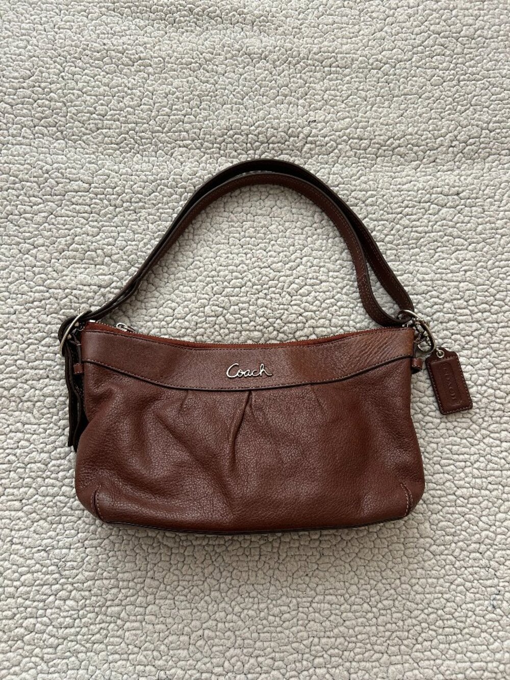 Coach -- 'Ashley' brown leather duffle handbag, lilac interior, silver hardware
